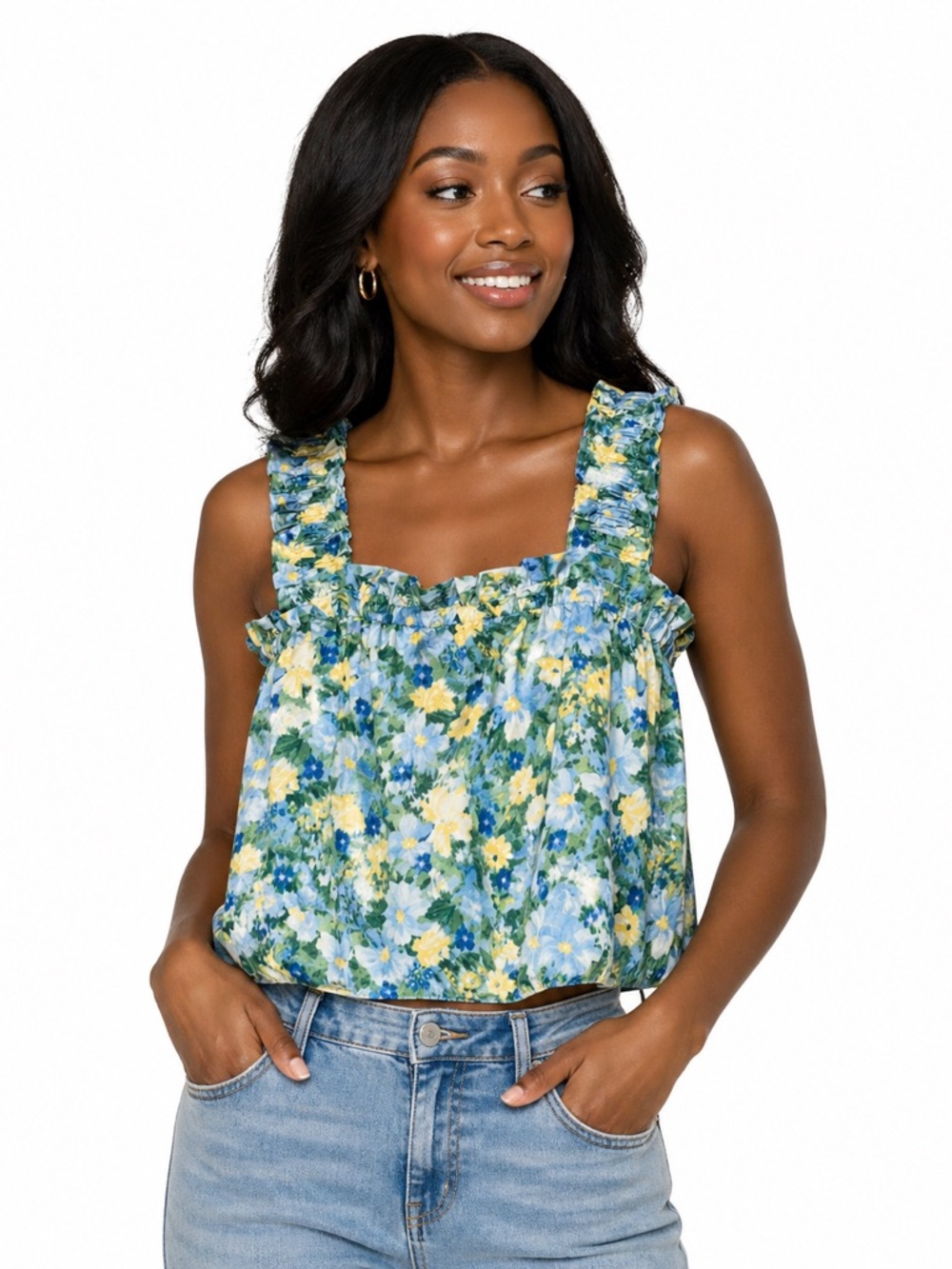 Blu Pepper Coquette Ruffle Spring Floral Blouse SZ L Square Neck Babydoll Tank
